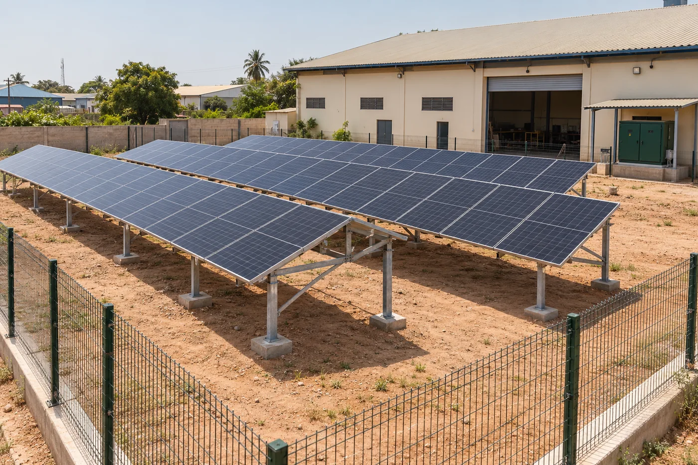 Compact freestanding solar-table concept next to a workshop